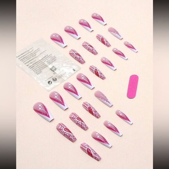 24 Piece Pink Goth Glitter Barbie Halloween Spider Kawaii Coffin Shaped Nails - Picture 4 of 10